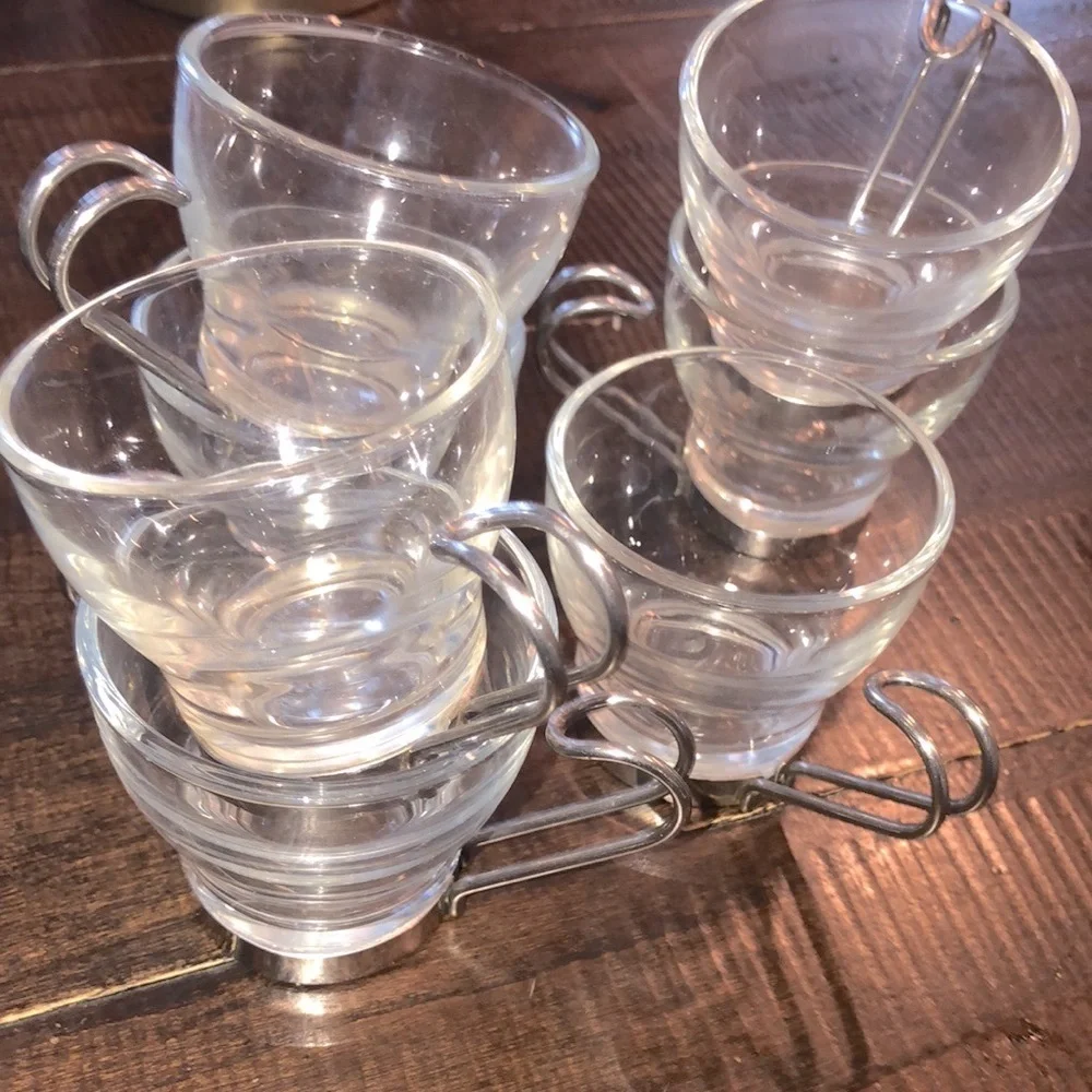 Set of 7 mini espresso glass cups with silver handle